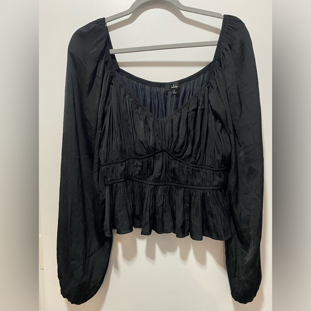 Lulu’s Satin Ruched Long Sleeve Top, Black, size L